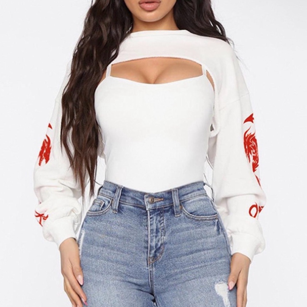 Fashion Nova White & Red Cut-Out Sweatshirt Top With Red Dragon on Sleeves NWT